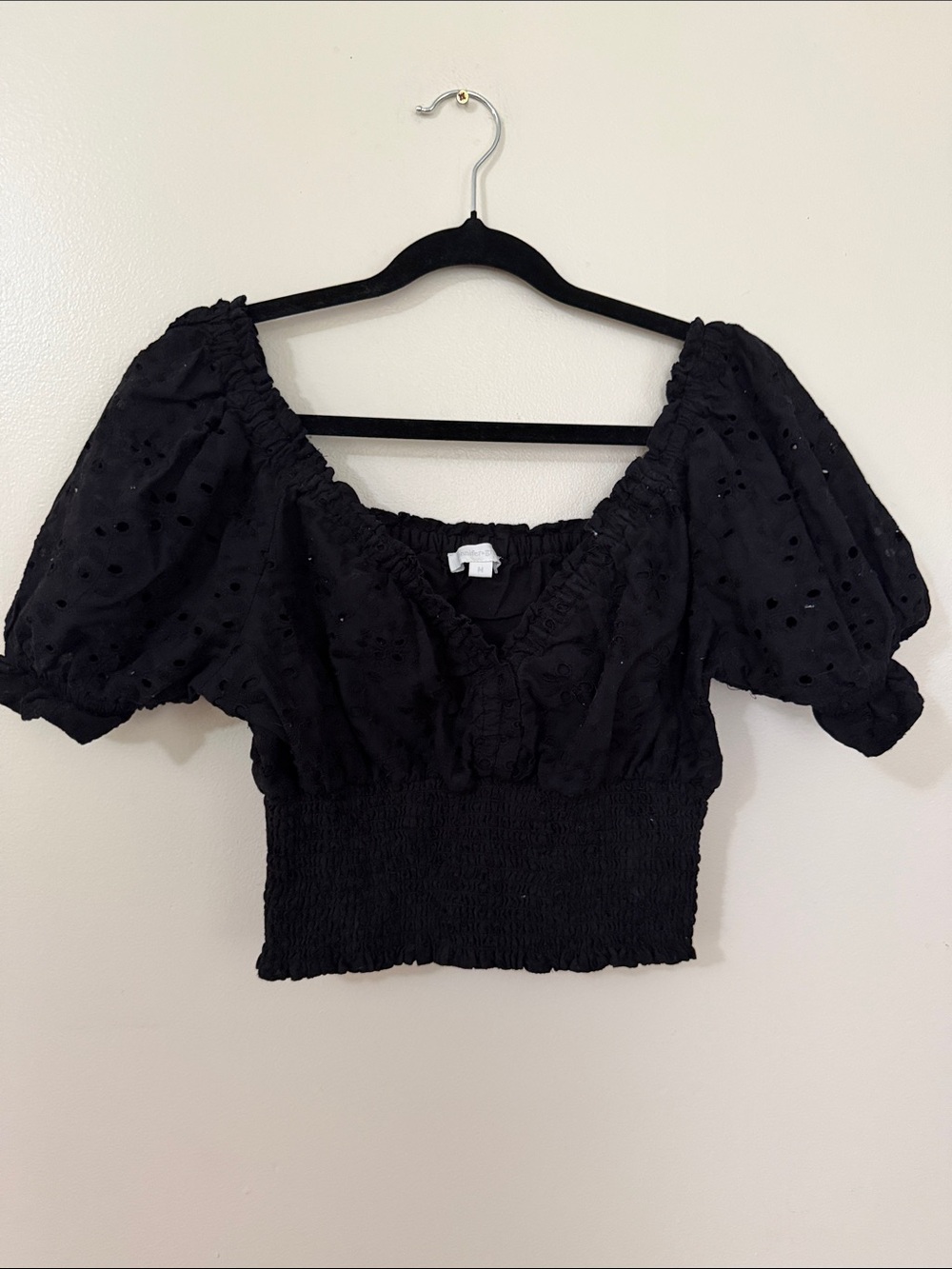 Smocked Black Puff Sleeve Eyelet Crop Top